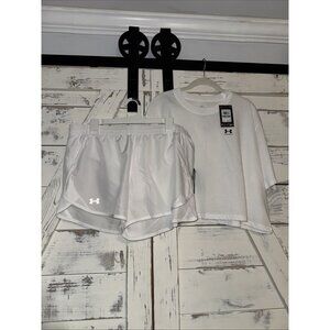 Under Armor Womens Top Short Set HeatGear Loose White NWT Large Tee XL Shorts